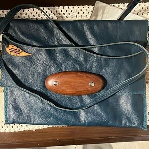 Elegant Teal Crossbody Bag with Wooden Accent